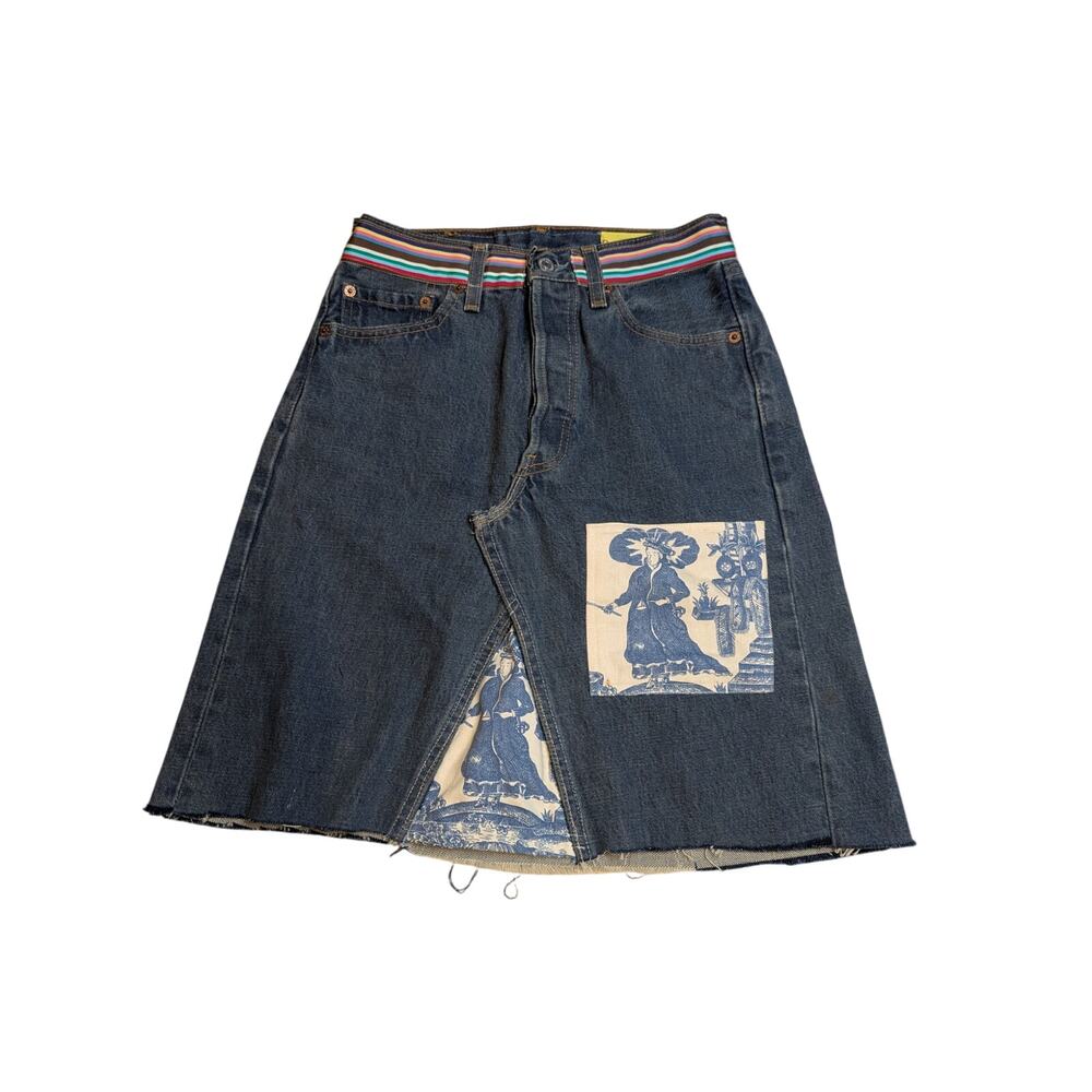 Queen Bea Studio Upcycled Levi's Denim Skirt‎ Patchwork Raw Hem Unique
